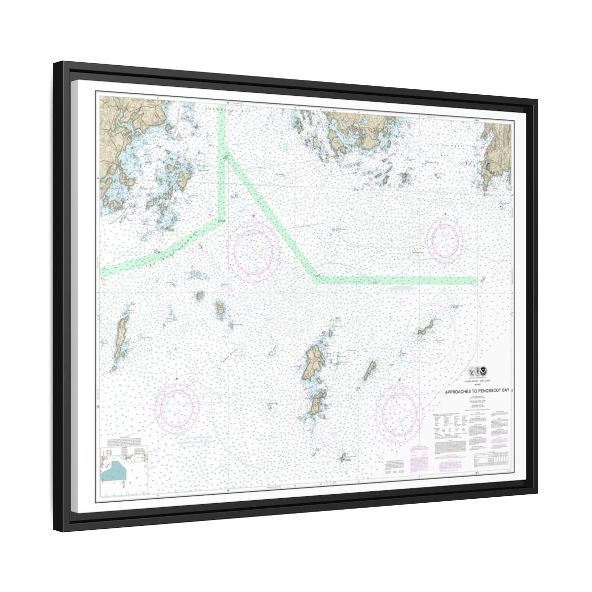 Chart 13303 Approaches to Penobscot Bay - NOAA Nautical Chart Floating Frame Canvas | 32" x 24" | 40" x 30" - Black side
