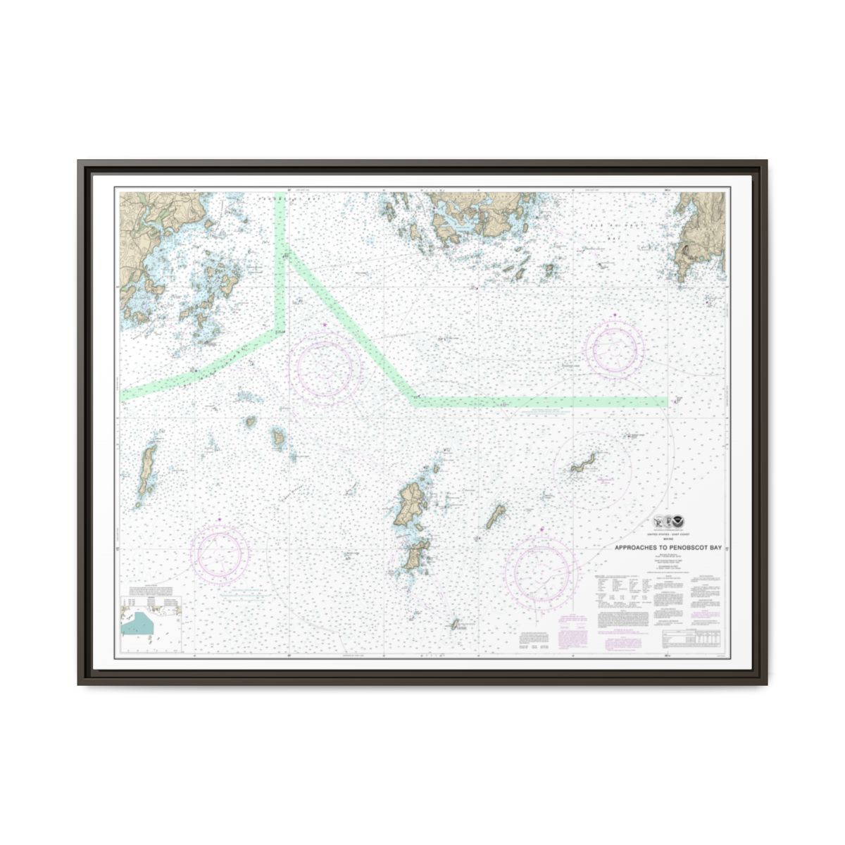 Chart 13303 Approaches to Penobscot Bay - NOAA Nautical Chart Floating Frame Canvas | 32" x 24" | 40" x 30" - Espresso front