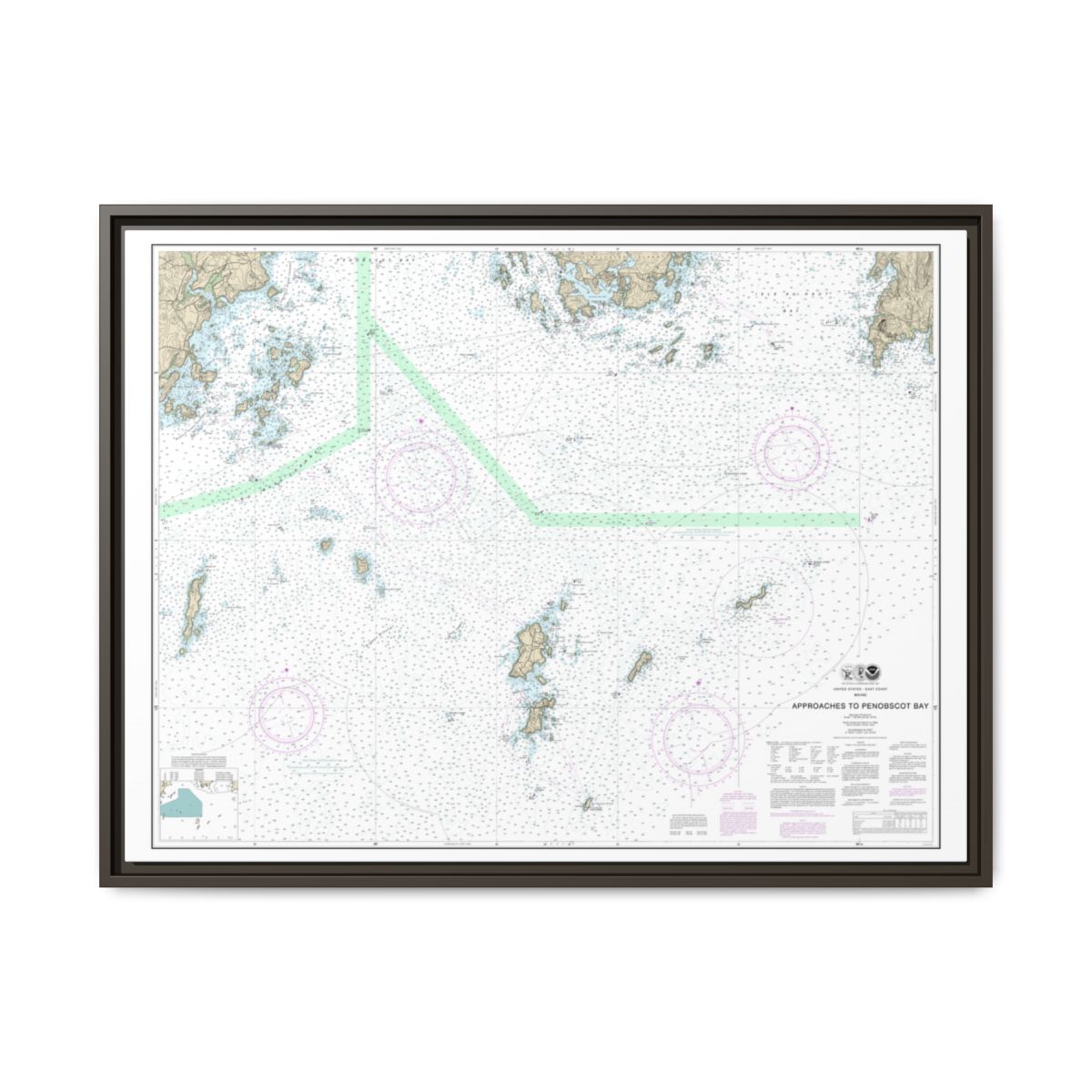 Chart 13303 Approaches to Penobscot Bay - NOAA Nautical Chart Floating Frame Canvas | 32" x 24" | 40" x 30" - Espresso front