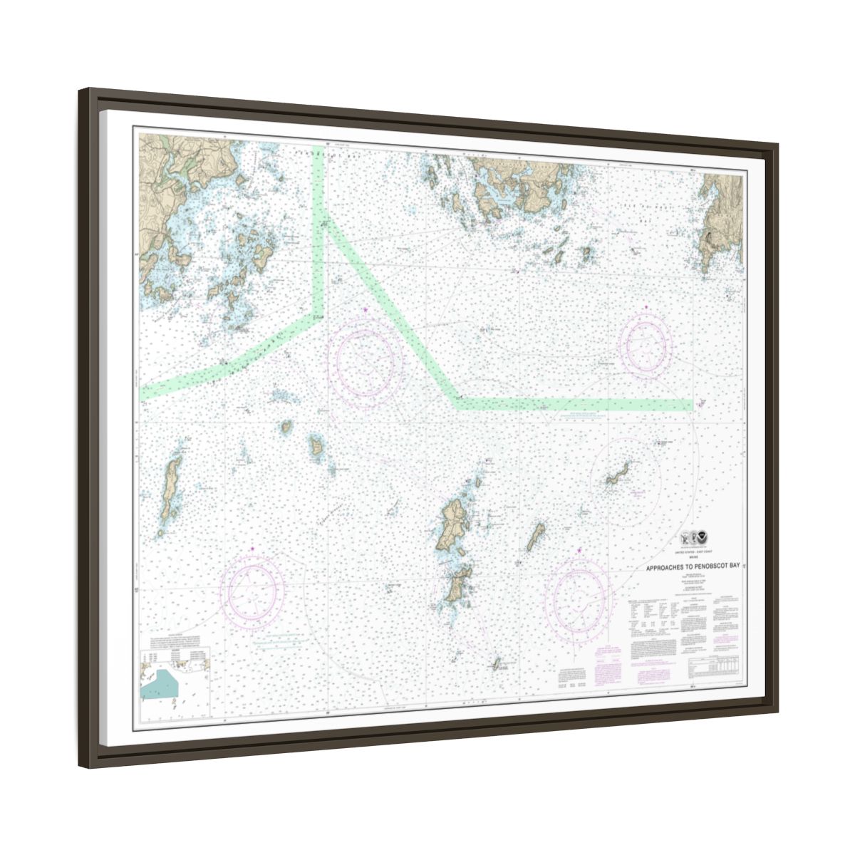 Chart 13303 Approaches to Penobscot Bay - NOAA Nautical Chart Floating Frame Canvas | 32" x 24" | 40" x 30" - Espresso side