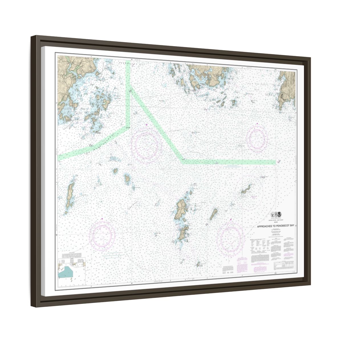 Chart 13303 Approaches to Penobscot Bay - NOAA Nautical Chart Floating Frame Canvas | 32" x 24" | 40" x 30" - Espresso side