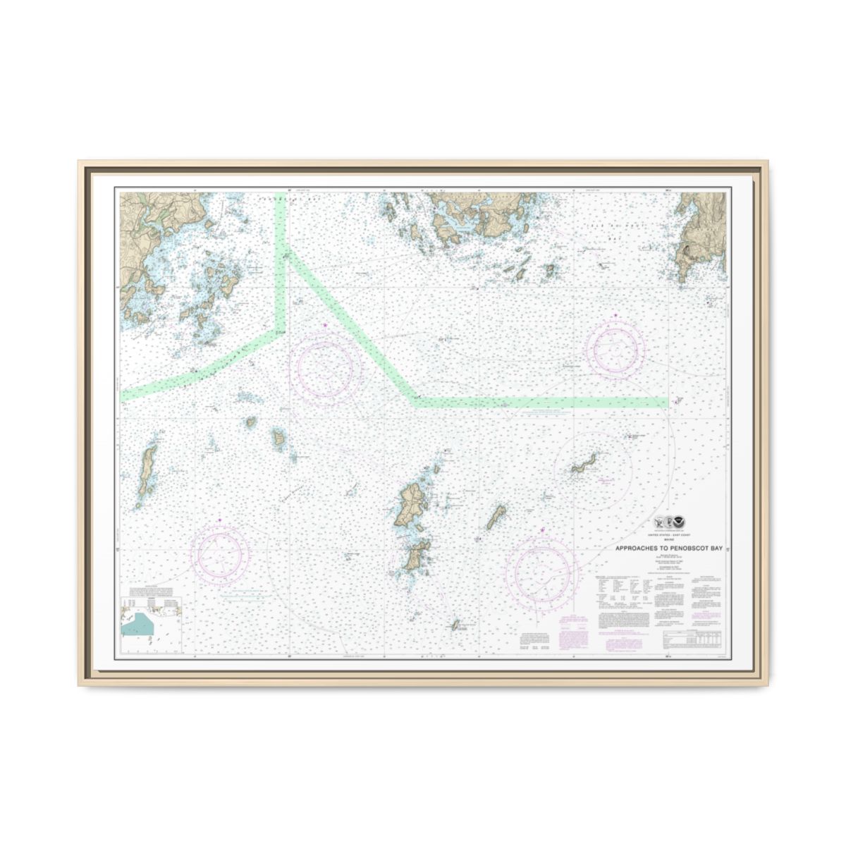 Chart 13303 Approaches to Penobscot Bay - NOAA Nautical Chart Floating Frame Canvas | 32" x 24" | 40" x 30" - Natural front