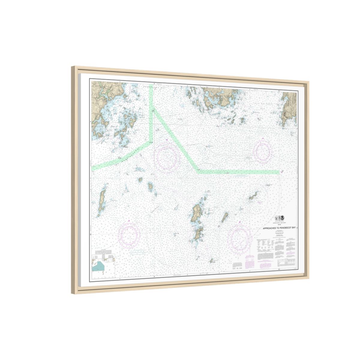Chart 13303 Approaches to Penobscot Bay - NOAA Nautical Chart Floating Frame Canvas | 32" x 24" | 40" x 30" - Natural side