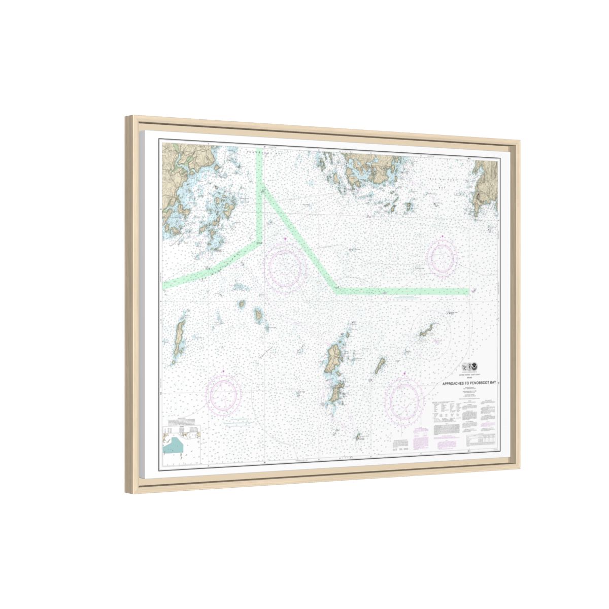 Chart 13303 Approaches to Penobscot Bay - NOAA Nautical Chart Floating Frame Canvas | 32" x 24" | 40" x 30" - Natural side