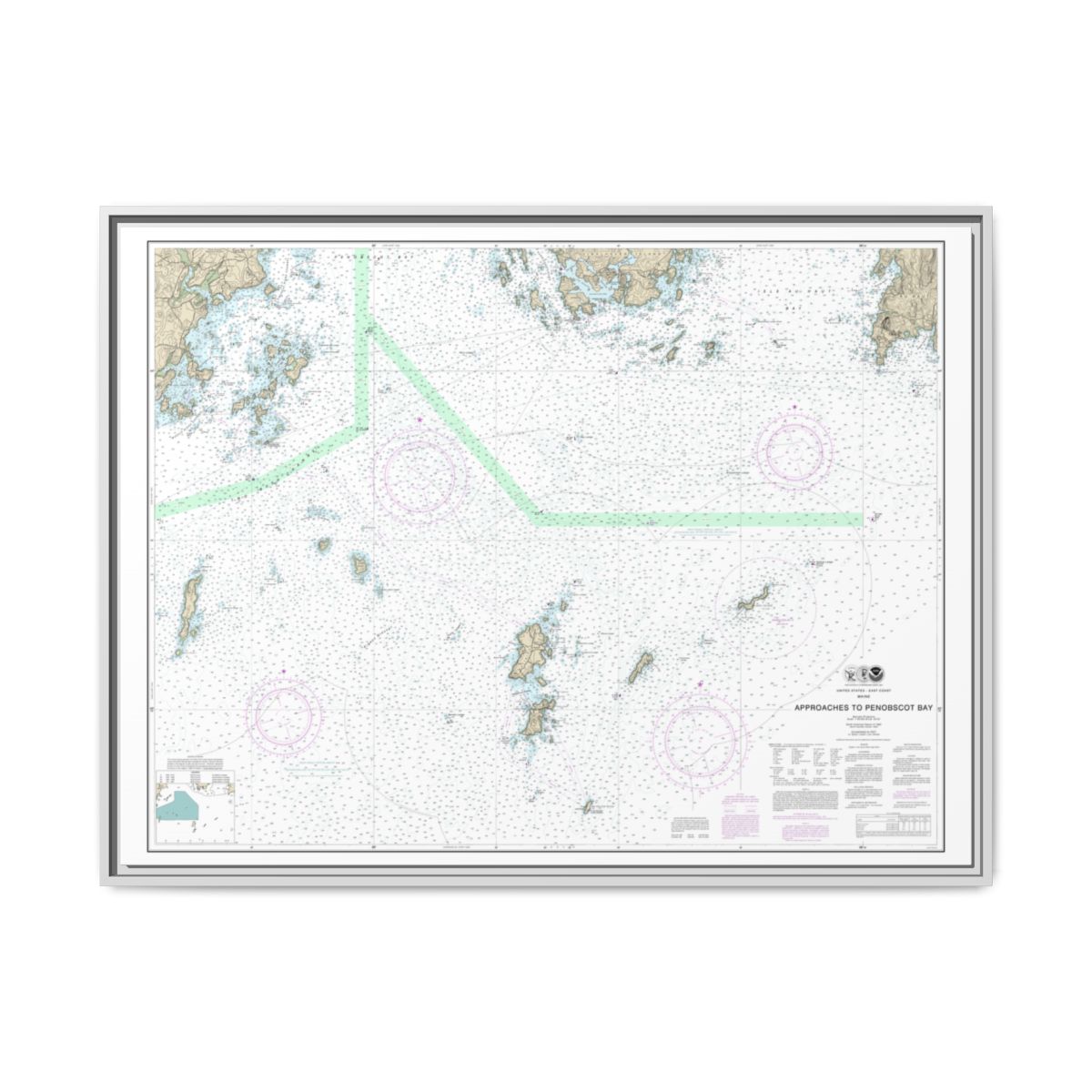 Chart 13303 Approaches to Penobscot Bay - NOAA Nautical Chart Floating Frame Canvas | 32" x 24" | 40" x 30" - White front