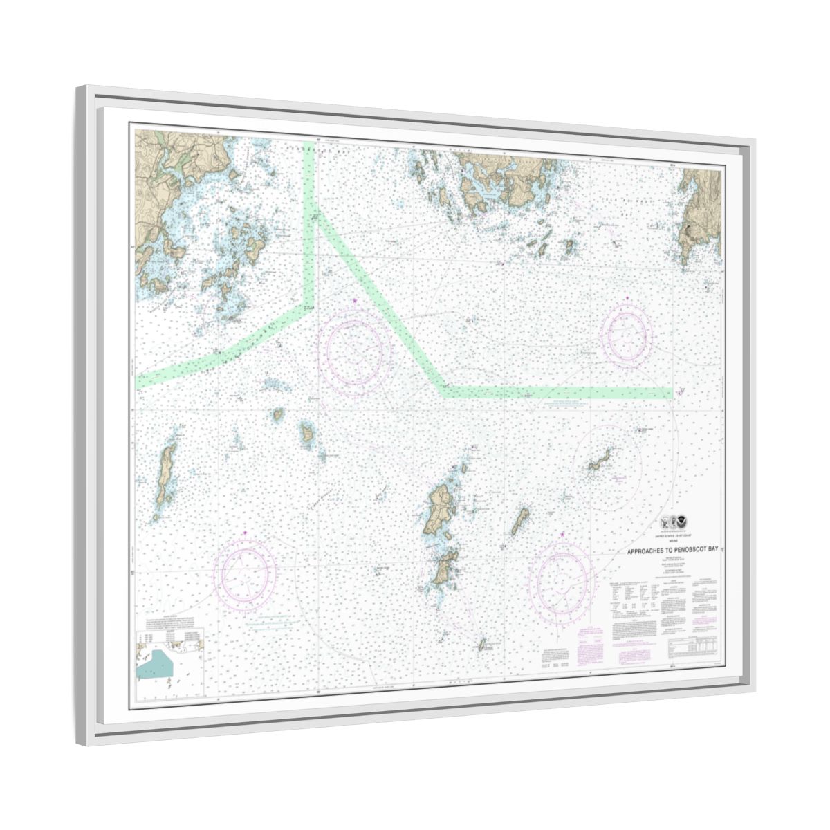 Chart 13303 Approaches to Penobscot Bay - NOAA Nautical Chart Floating Frame Canvas | 32" x 24" | 40" x 30" - White side