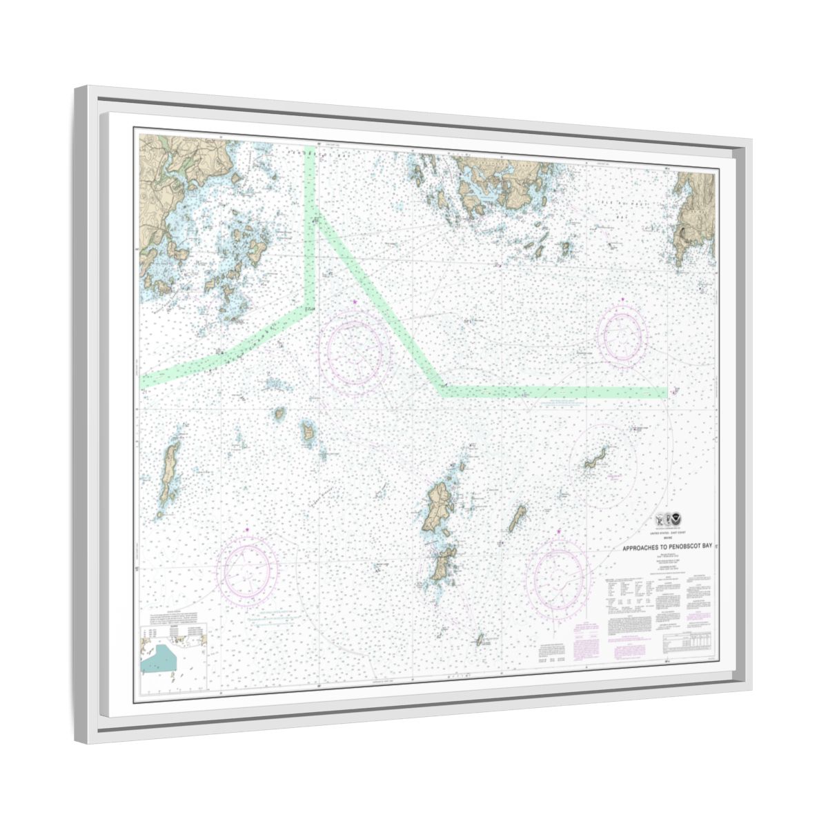 Chart 13303 Approaches to Penobscot Bay - NOAA Nautical Chart Floating Frame Canvas | 32" x 24" | 40" x 30" - White side