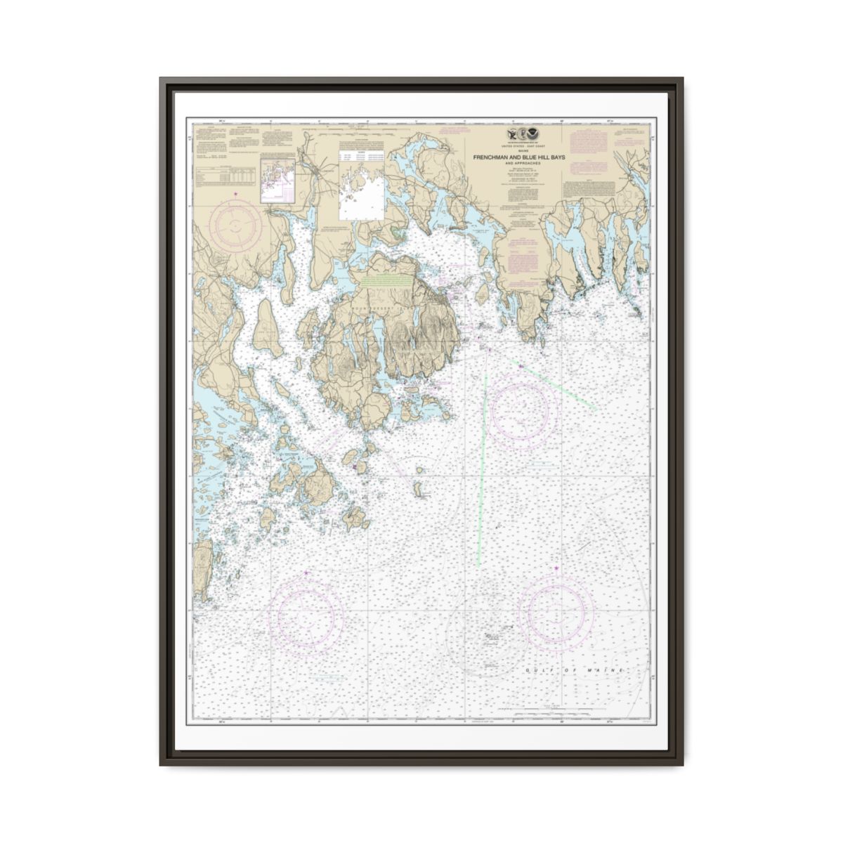 Chart 13312 Frenchman and Blue Hill Bays and Approaches - NOAA Nautical Chart Floating Frame Canvas | 24" x 32" | 30" x 40" - Espresso front