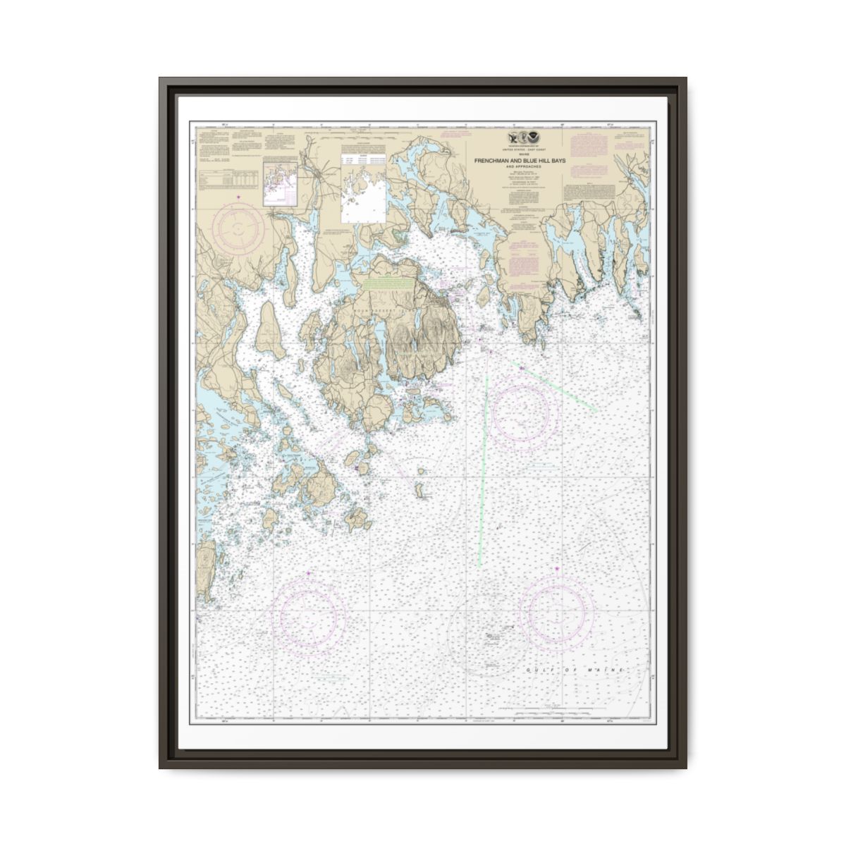 Chart 13312 Frenchman and Blue Hill Bays and Approaches - NOAA Nautical Chart Floating Frame Canvas | 24" x 32" | 30" x 40" - Espresso front