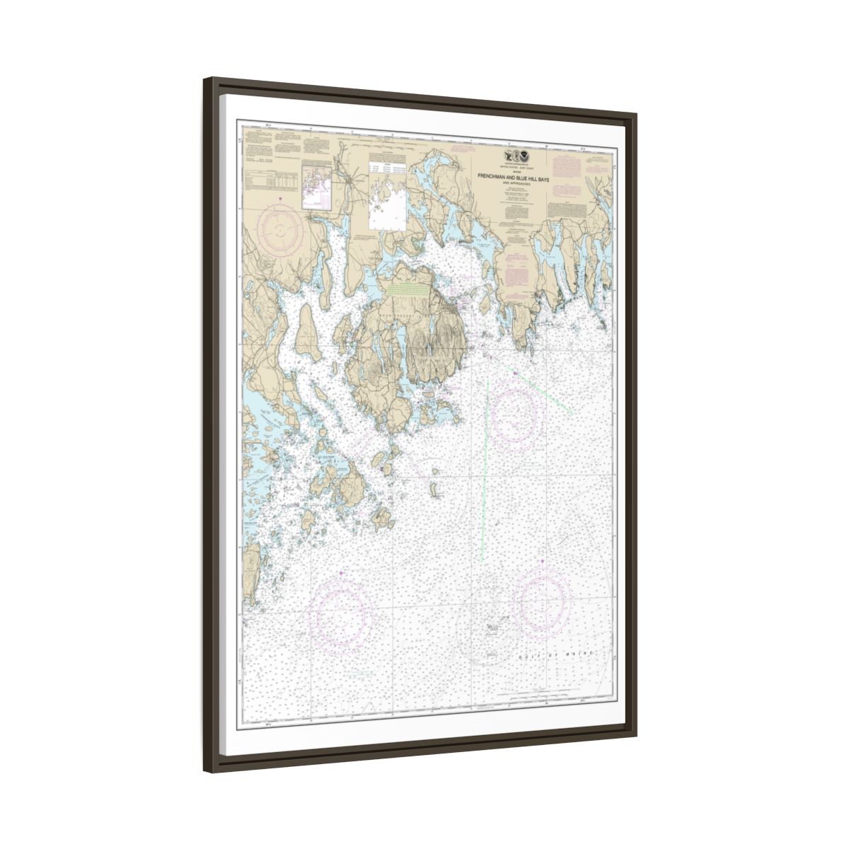 Chart 13312 Frenchman and Blue Hill Bays and Approaches - NOAA Nautical Chart Floating Frame Canvas | 24" x 32" | 30" x 40" - Espresso side