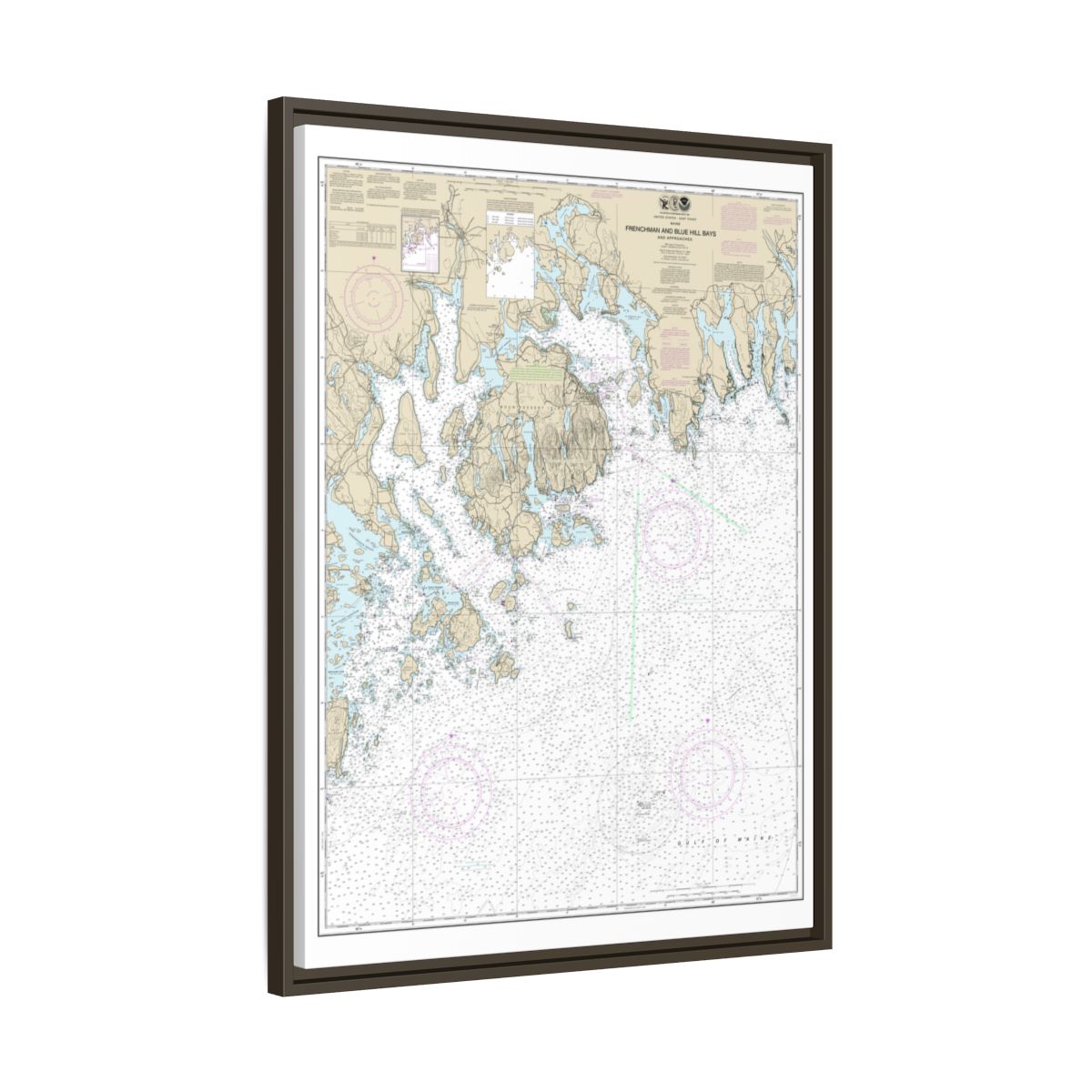 Chart 13312 Frenchman and Blue Hill Bays and Approaches - NOAA Nautical Chart Floating Frame Canvas | 24" x 32" | 30" x 40" - Espresso side