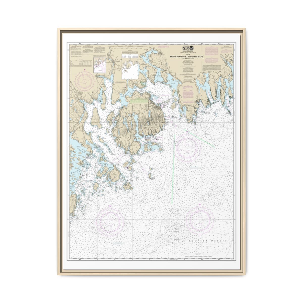 Chart 13312 Frenchman and Blue Hill Bays and Approaches - NOAA Nautical Chart Floating Frame Canvas | 24" x 32" | 30" x 40" - Natural front