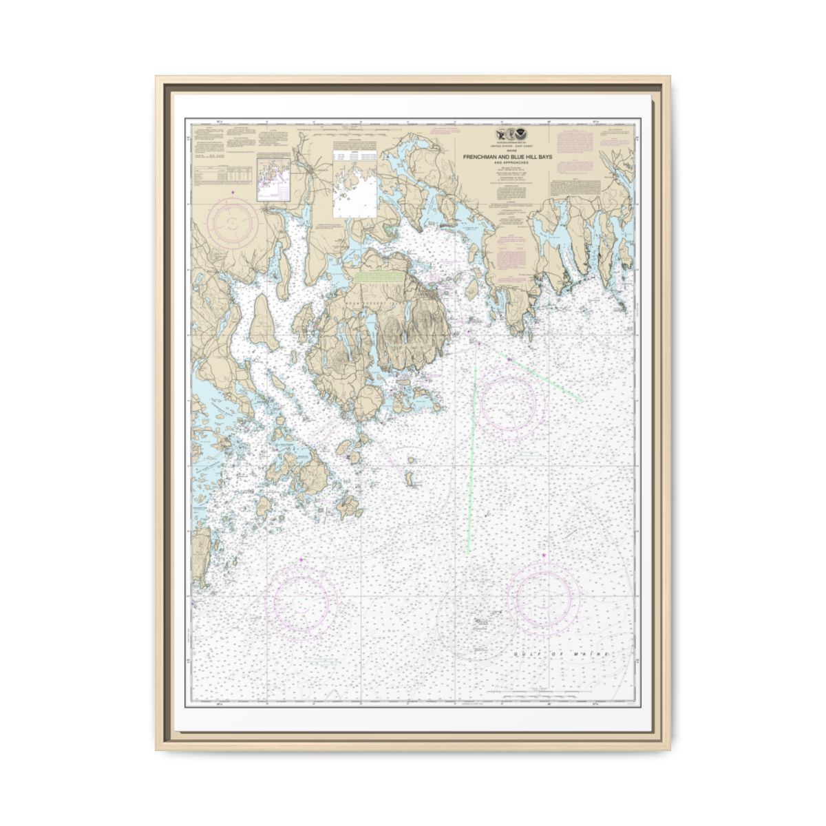 Chart 13312 Frenchman and Blue Hill Bays and Approaches - NOAA Nautical Chart Floating Frame Canvas | 24" x 32" | 30" x 40" - Natural front