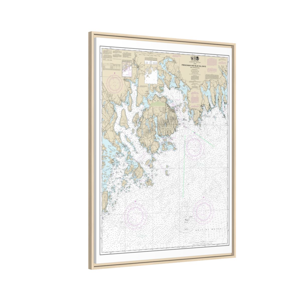 Chart 13312 Frenchman and Blue Hill Bays and Approaches - NOAA Nautical Chart Floating Frame Canvas | 24" x 32" | 30" x 40" - Natural side