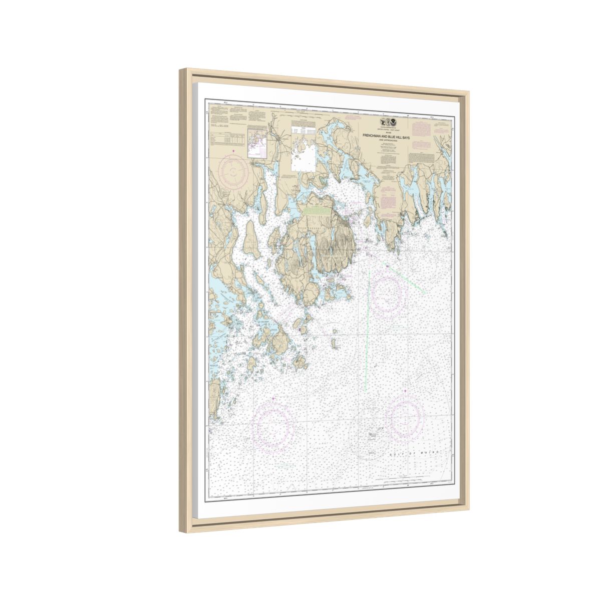 Chart 13312 Frenchman and Blue Hill Bays and Approaches - NOAA Nautical Chart Floating Frame Canvas | 24" x 32" | 30" x 40" - Natural side