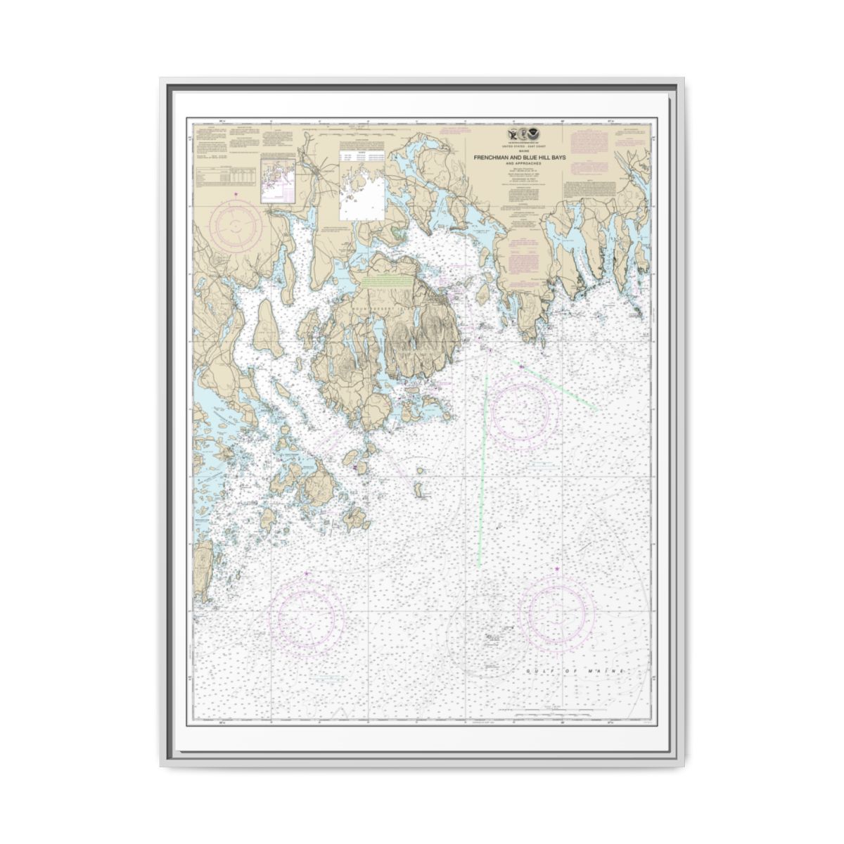 Chart 13312 Frenchman and Blue Hill Bays and Approaches - NOAA Nautical Chart Floating Frame Canvas | 24" x 32" | 30" x 40" - White front