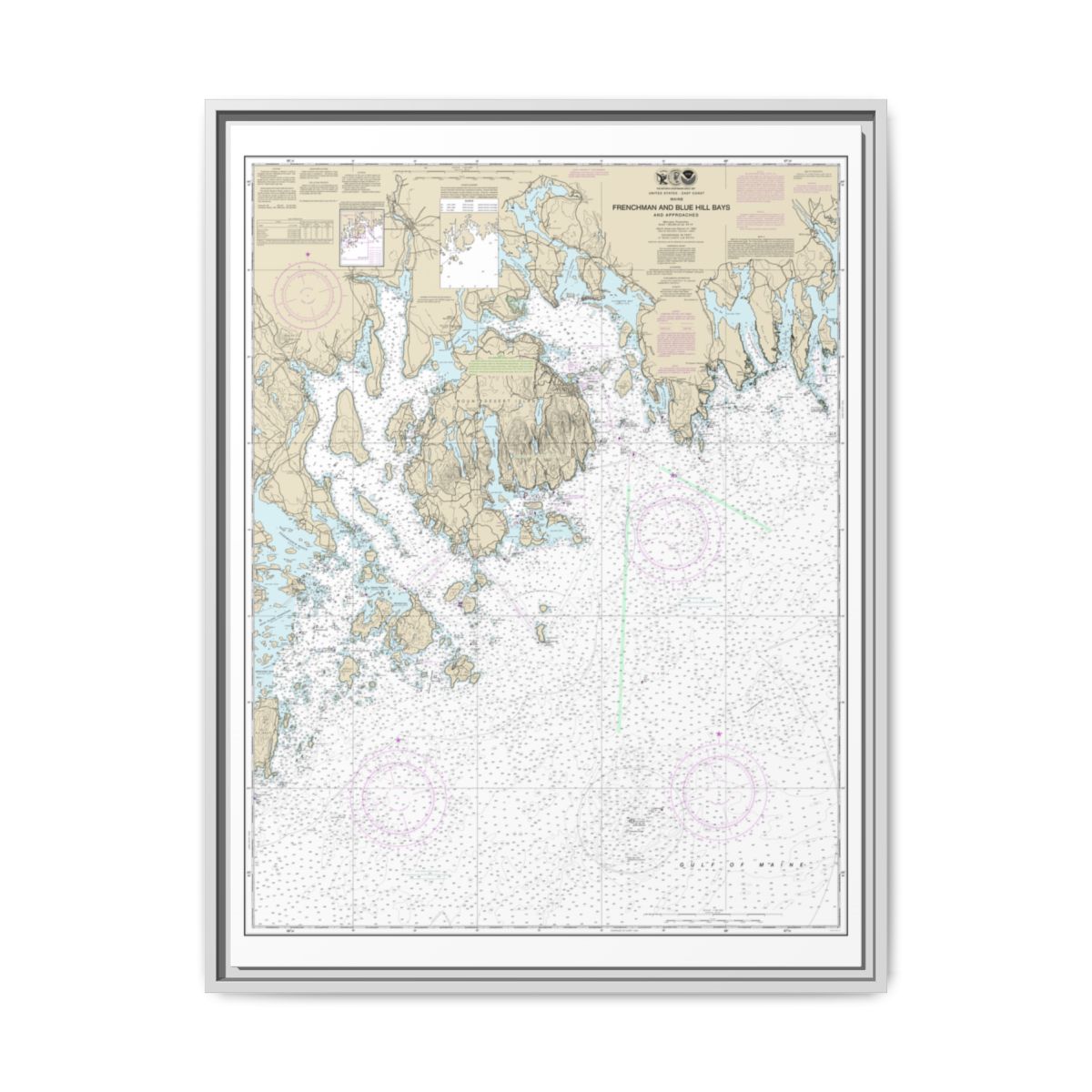 Chart 13312 Frenchman and Blue Hill Bays and Approaches - NOAA Nautical Chart Floating Frame Canvas | 24" x 32" | 30" x 40" - White front