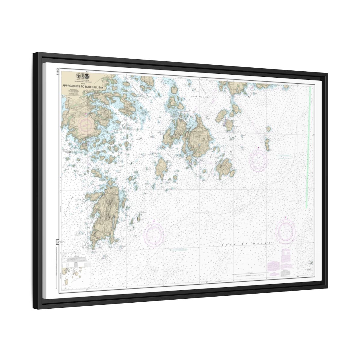 Chart 13313 Approaches to Blue Hill Bay - NOAA Nautical Chart Floating Frame Canvas | 30" x 20" | 36" x 24" | 48" x 32" - Black side
