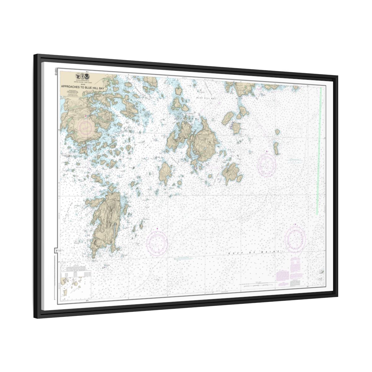 Chart 13313 Approaches to Blue Hill Bay - NOAA Nautical Chart Floating Frame Canvas | 30" x 20" | 36" x 24" | 48" x 32" - Black side