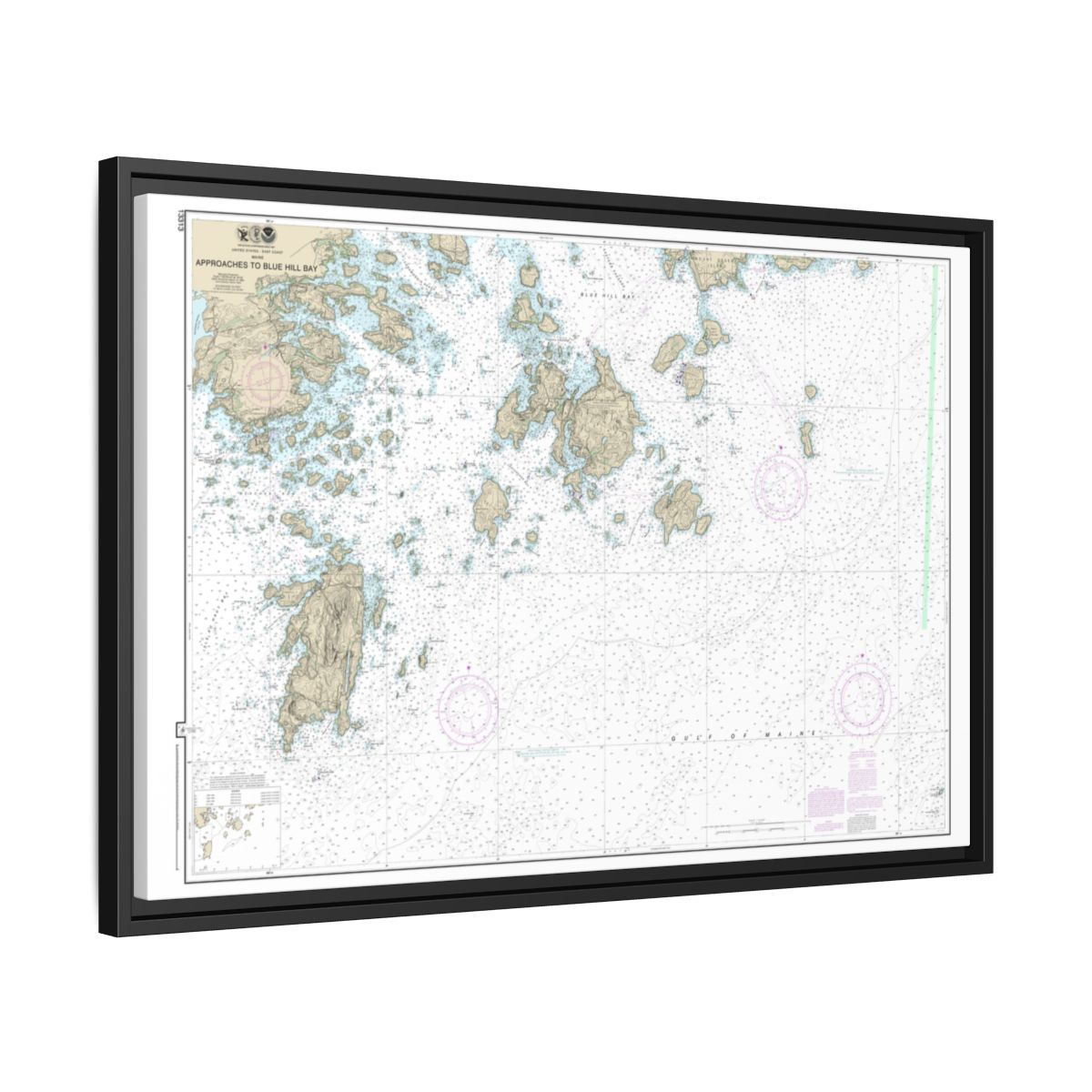 Chart 13313 Approaches to Blue Hill Bay - NOAA Nautical Chart Floating Frame Canvas | 30" x 20" | 36" x 24" | 48" x 32" - Black side