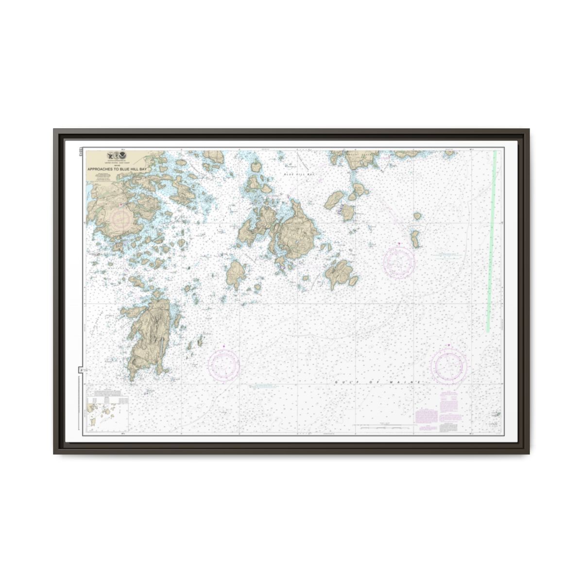Chart 13313 Approaches to Blue Hill Bay - NOAA Nautical Chart Floating Frame Canvas | 30" x 20" | 36" x 24" | 48" x 32" - Espresso front