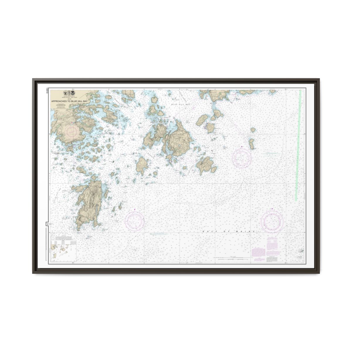 Chart 13313 Approaches to Blue Hill Bay - NOAA Nautical Chart Floating Frame Canvas | 30" x 20" | 36" x 24" | 48" x 32" - Espresso front
