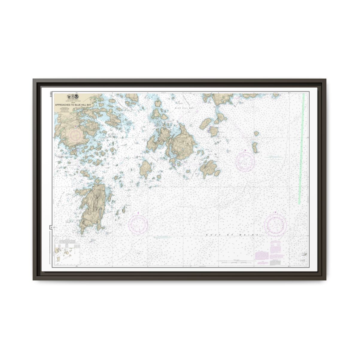 Chart 13313 Approaches to Blue Hill Bay - NOAA Nautical Chart Floating Frame Canvas | 30" x 20" | 36" x 24" | 48" x 32" - Espresso front