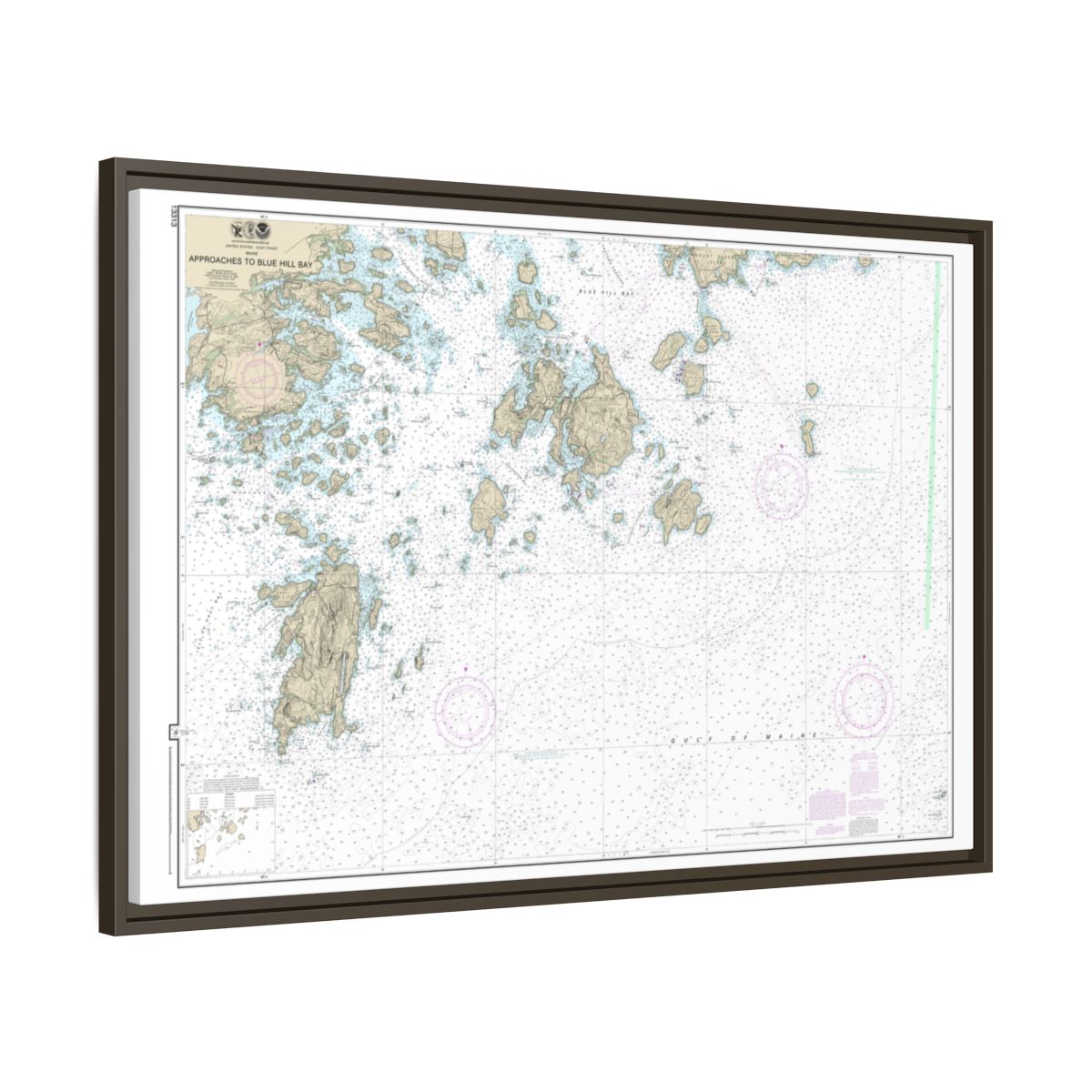 Chart 13313 Approaches to Blue Hill Bay - NOAA Nautical Chart Floating Frame Canvas | 30" x 20" | 36" x 24" | 48" x 32" - Espresso side