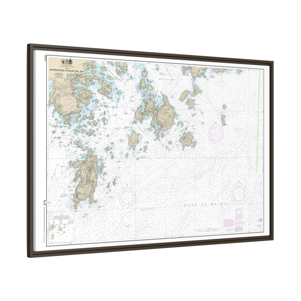 Chart 13313 Approaches to Blue Hill Bay - NOAA Nautical Chart Floating Frame Canvas | 30" x 20" | 36" x 24" | 48" x 32" - Espresso side