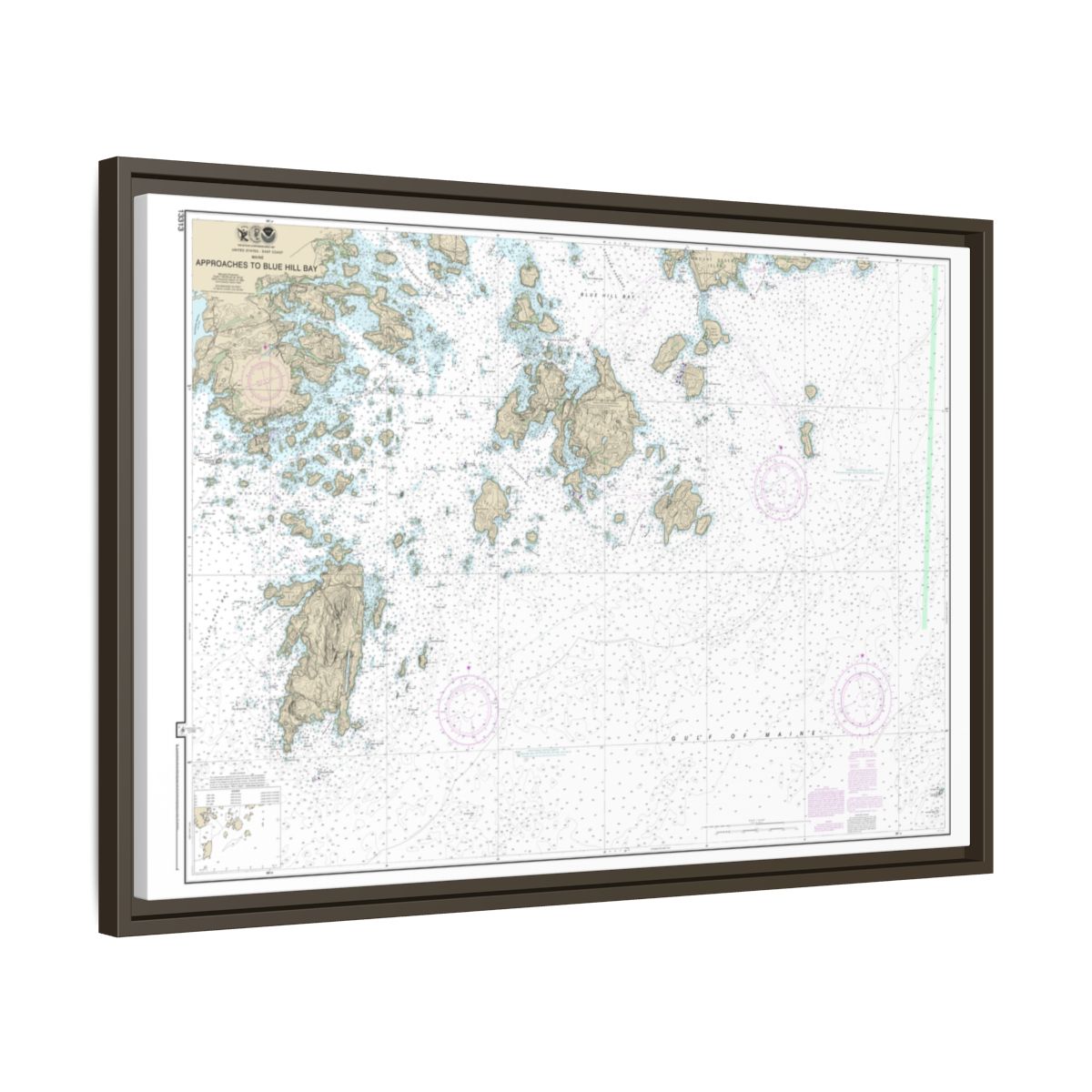 Chart 13313 Approaches to Blue Hill Bay - NOAA Nautical Chart Floating Frame Canvas | 30" x 20" | 36" x 24" | 48" x 32" - Espresso side