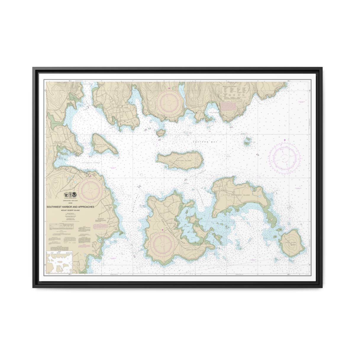 Chart 13321 Southwest Harbor and Approaches - NOAA Nautical Chart Floating Frame Canvas | 32" x 24" | 40" x 30" - Black front
