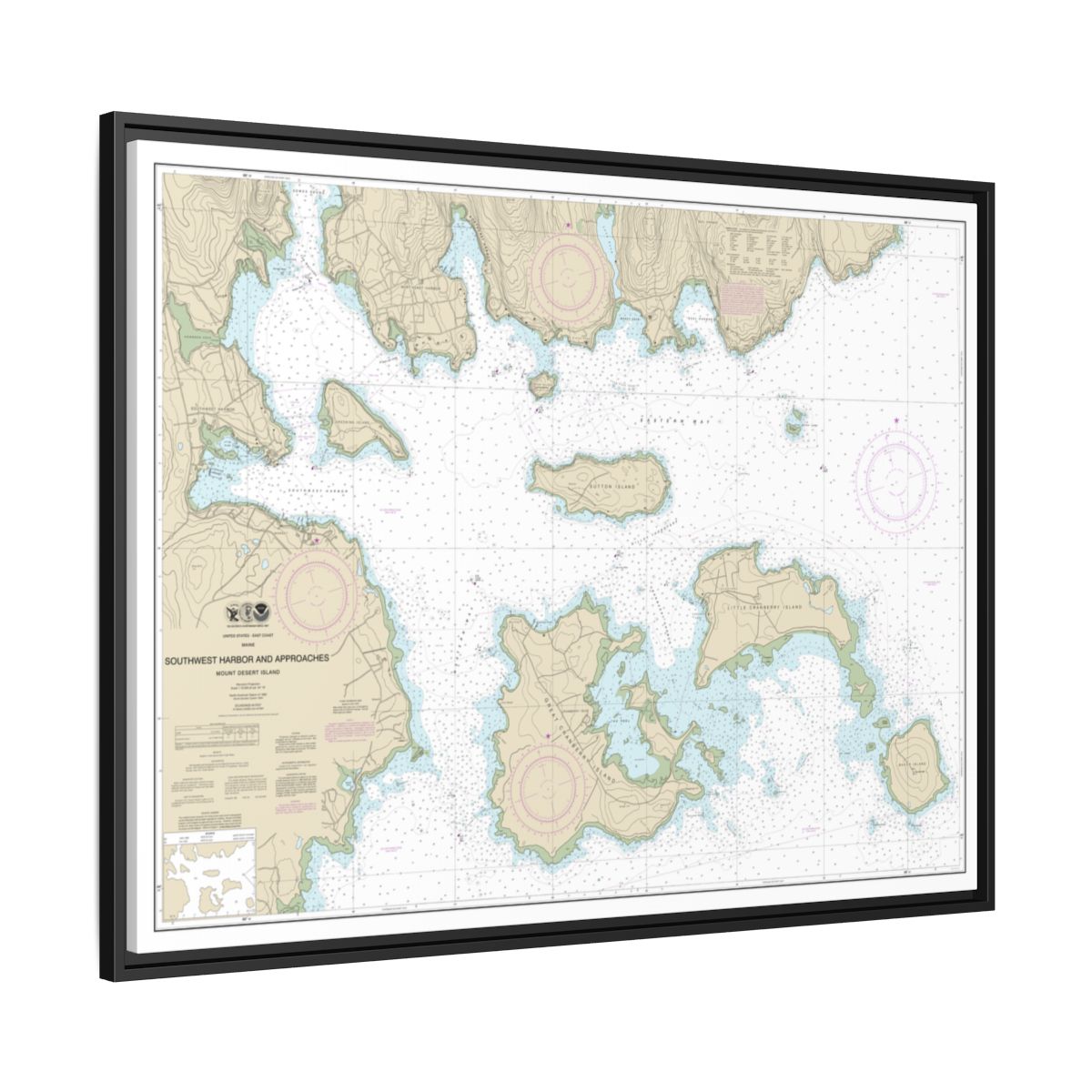 Chart 13321 Southwest Harbor and Approaches - NOAA Nautical Chart Floating Frame Canvas | 32" x 24" | 40" x 30" - Black side