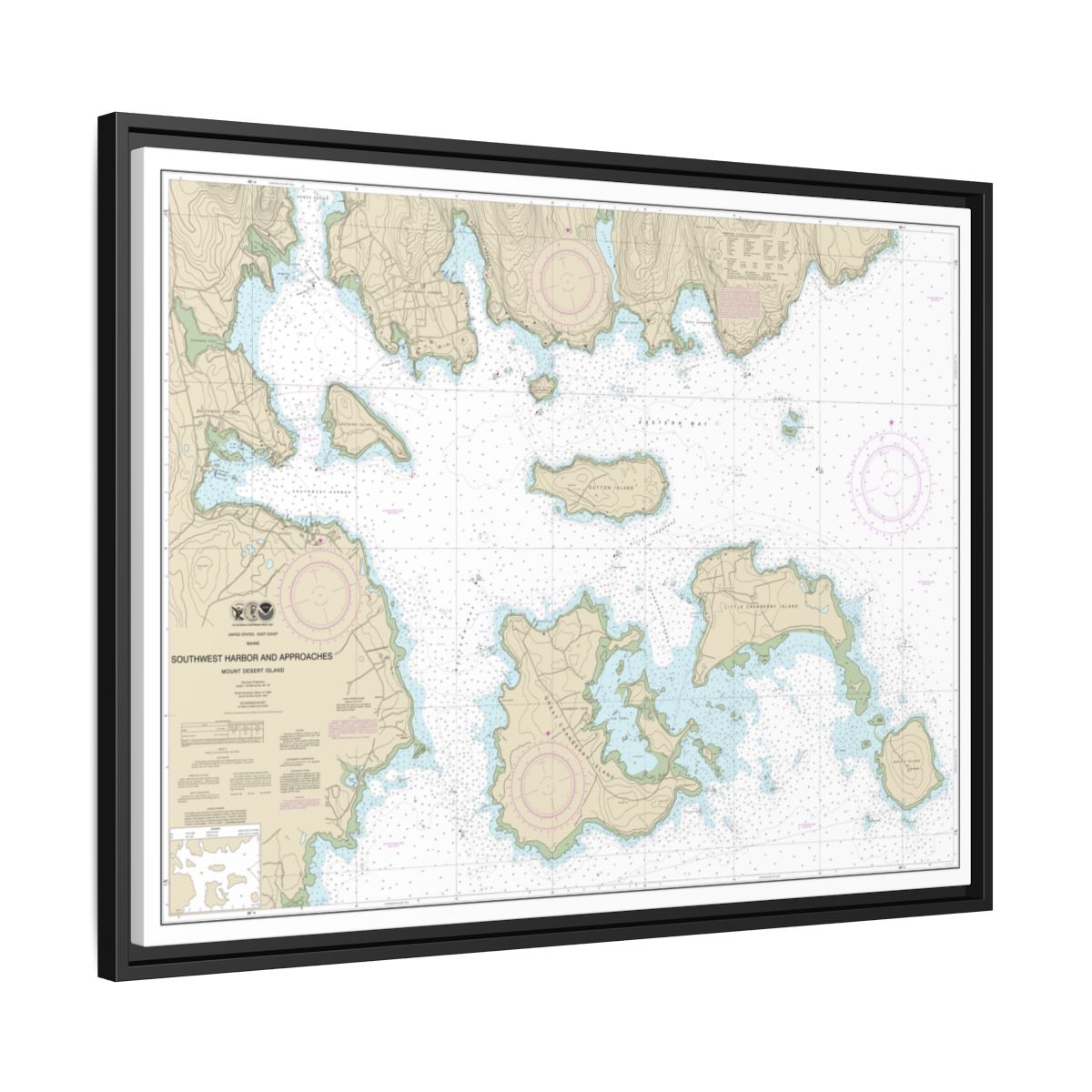 Chart 13321 Southwest Harbor and Approaches - NOAA Nautical Chart Floating Frame Canvas | 32" x 24" | 40" x 30" - Black side
