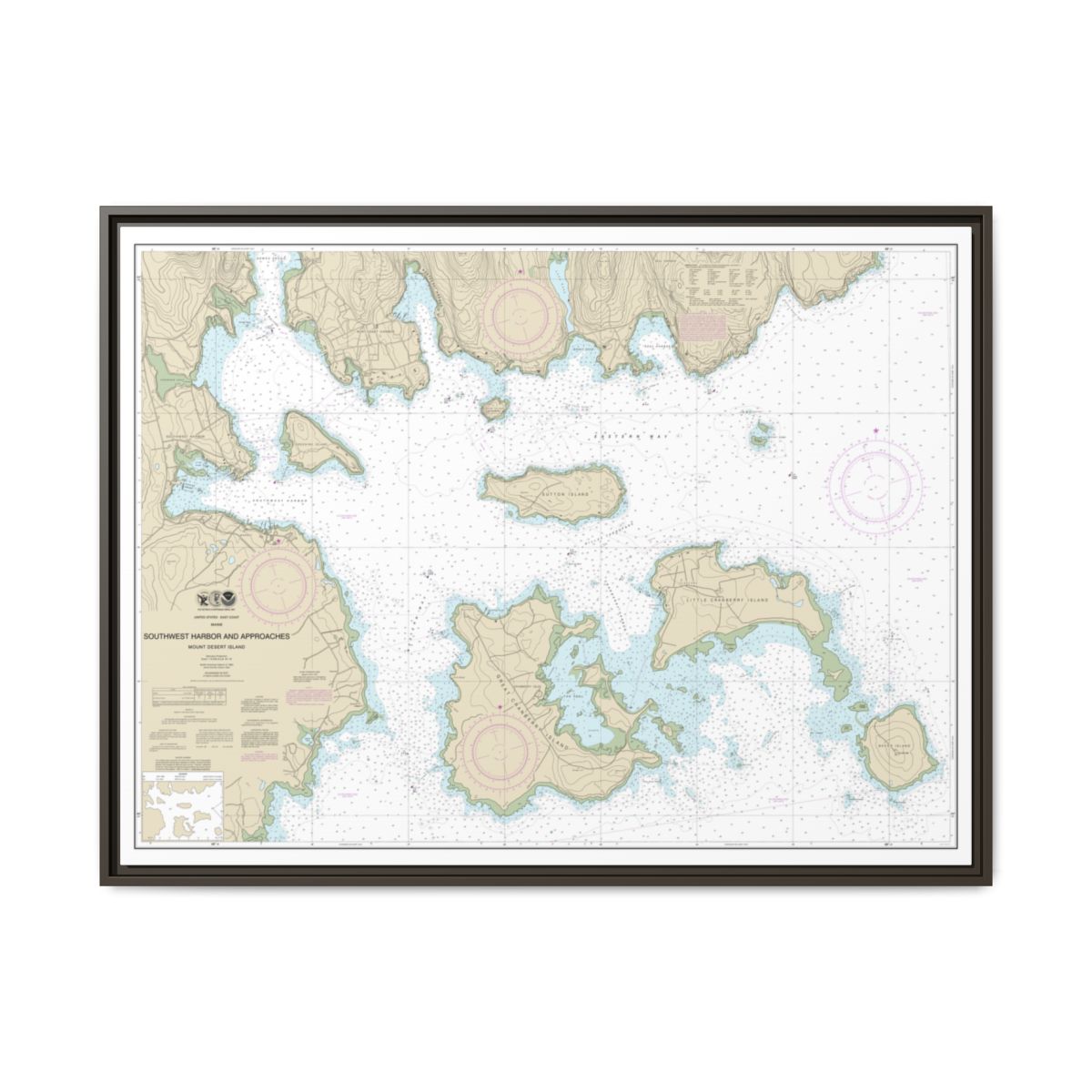 Chart 13321 Southwest Harbor and Approaches - NOAA Nautical Chart Floating Frame Canvas | 32" x 24" | 40" x 30" - Espresso front