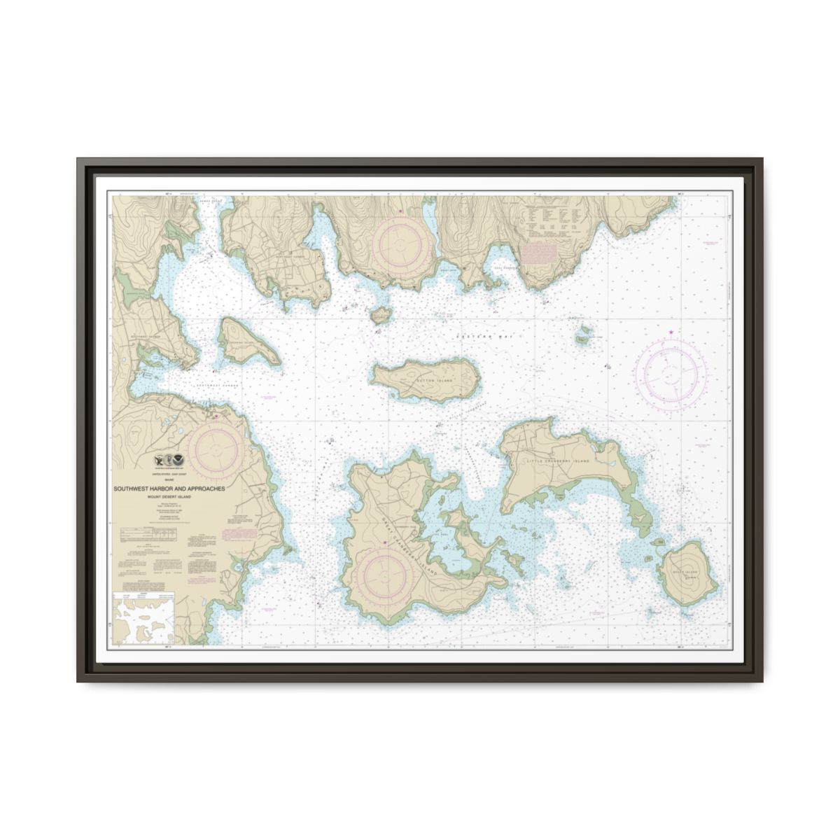 Chart 13321 Southwest Harbor and Approaches - NOAA Nautical Chart Floating Frame Canvas | 32" x 24" | 40" x 30" - Espresso front