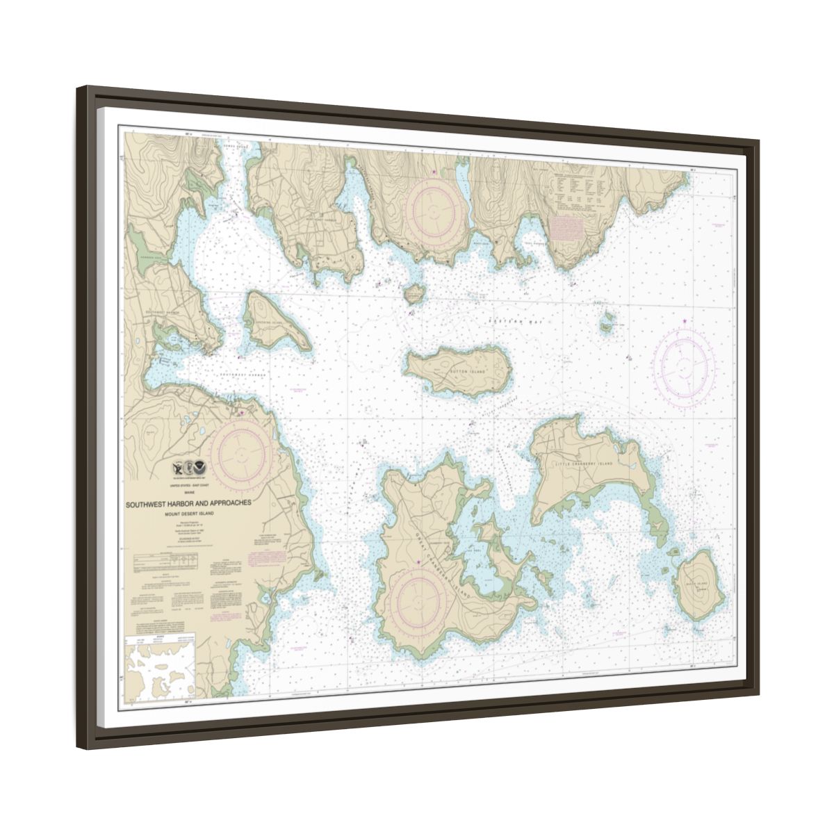 Chart 13321 Southwest Harbor and Approaches - NOAA Nautical Chart Floating Frame Canvas | 32" x 24" | 40" x 30" - Espresso side
