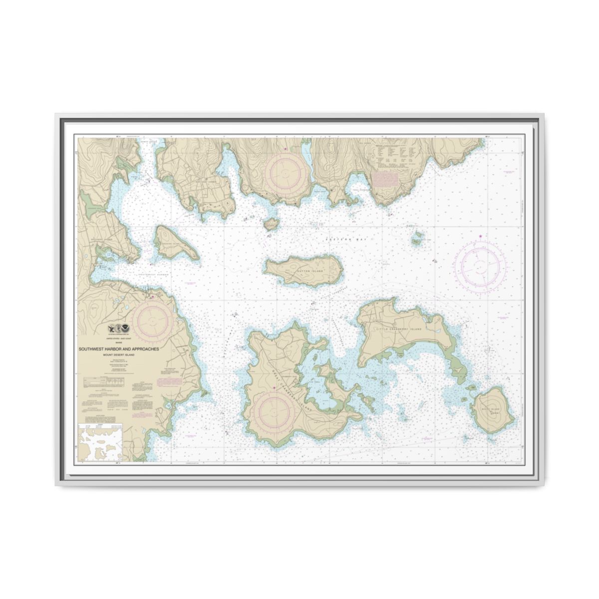 Chart 13321 Southwest Harbor and Approaches - NOAA Nautical Chart Floating Frame Canvas | 32" x 24" | 40" x 30" - White front