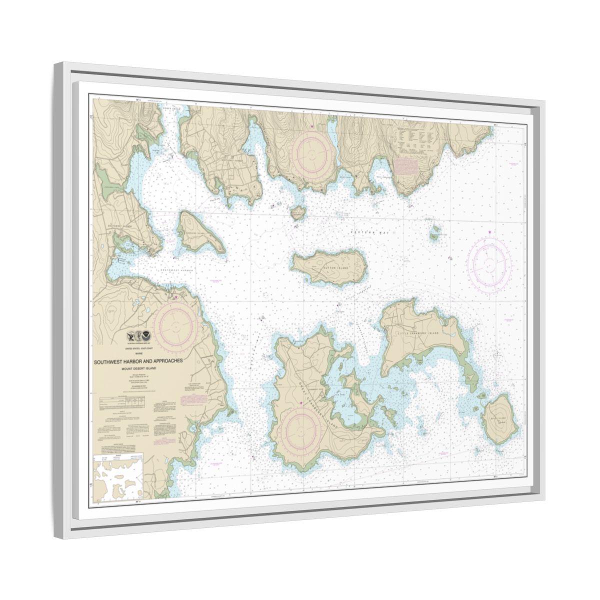 Chart 13321 Southwest Harbor and Approaches - NOAA Nautical Chart Floating Frame Canvas | 32" x 24" | 40" x 30" - White side
