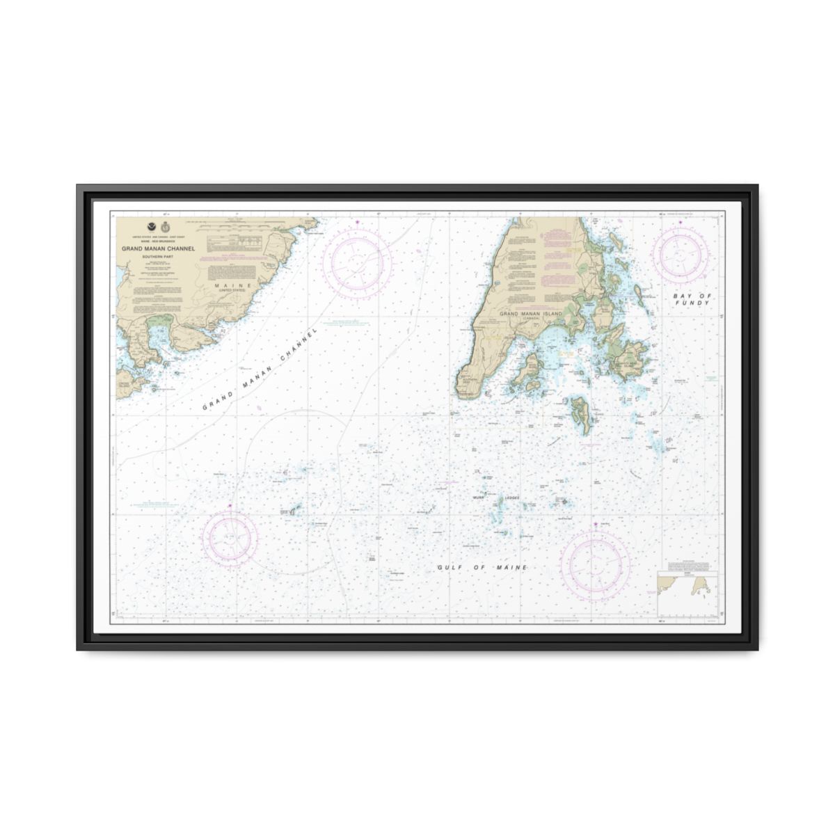 Chart 13392 Grand Manan Channel Southern Part - NOAA Nautical Chart Floating Frame Canvas | 30" x 20" | 36" x 24" | 48" x 32" - Black front