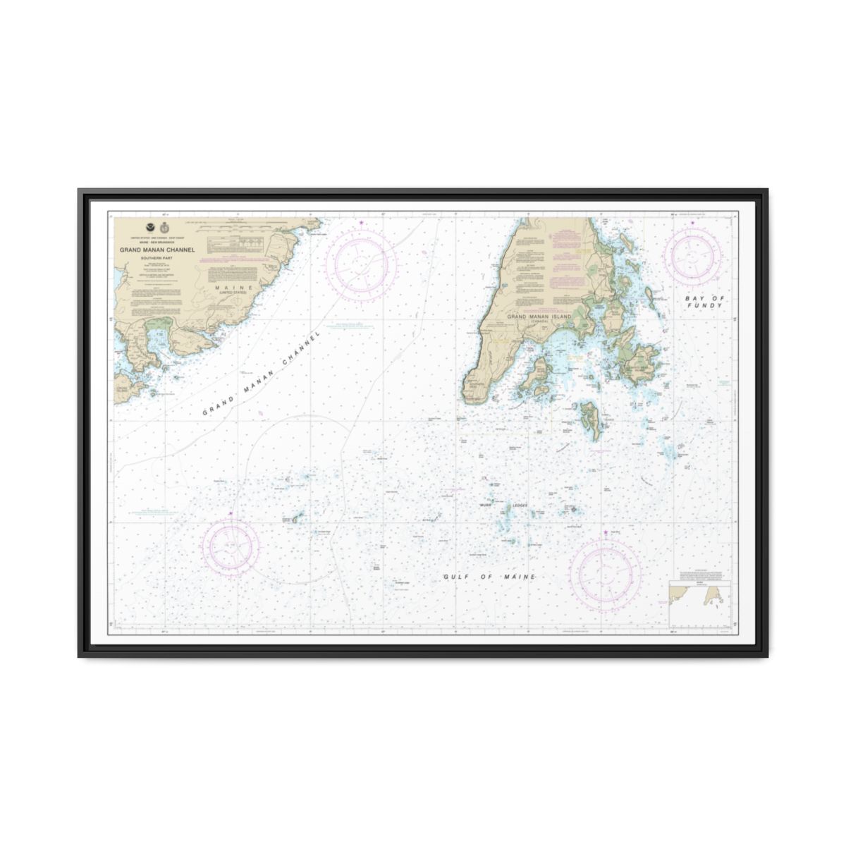 Chart 13392 Grand Manan Channel Southern Part - NOAA Nautical Chart Floating Frame Canvas | 30" x 20" | 36" x 24" | 48" x 32" - Black front