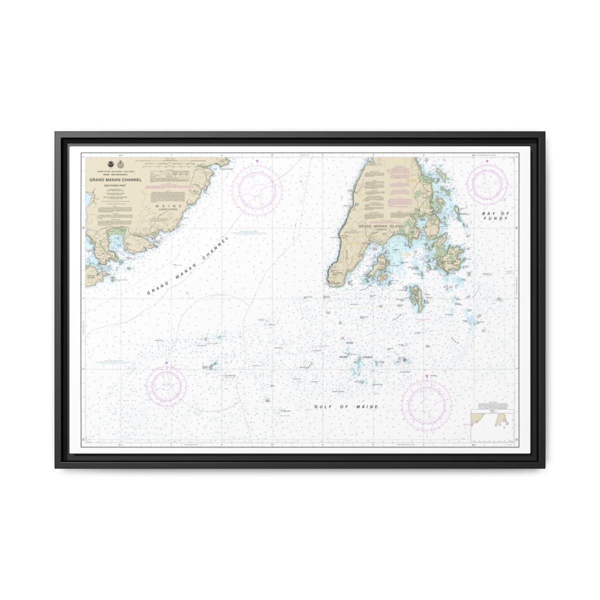 Chart 13392 Grand Manan Channel Southern Part - NOAA Nautical Chart Floating Frame Canvas | 30" x 20" | 36" x 24" | 48" x 32" - Black front