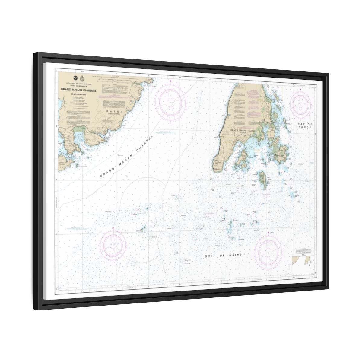Chart 13392 Grand Manan Channel Southern Part - NOAA Nautical Chart Floating Frame Canvas | 30" x 20" | 36" x 24" | 48" x 32" - Black side