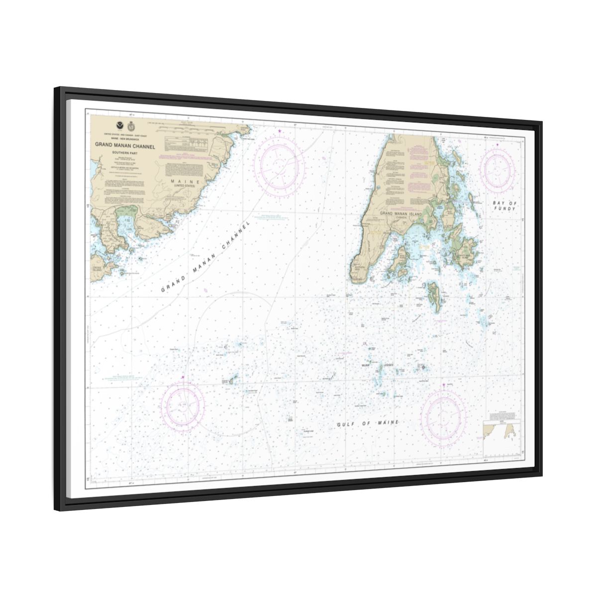 Chart 13392 Grand Manan Channel Southern Part - NOAA Nautical Chart Floating Frame Canvas | 30" x 20" | 36" x 24" | 48" x 32" - Black side