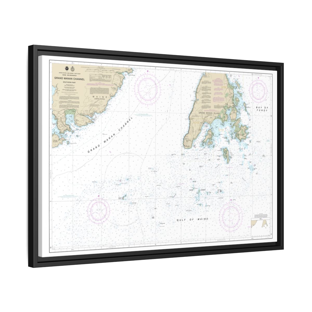 Chart 13392 Grand Manan Channel Southern Part - NOAA Nautical Chart Floating Frame Canvas | 30" x 20" | 36" x 24" | 48" x 32" - Black side