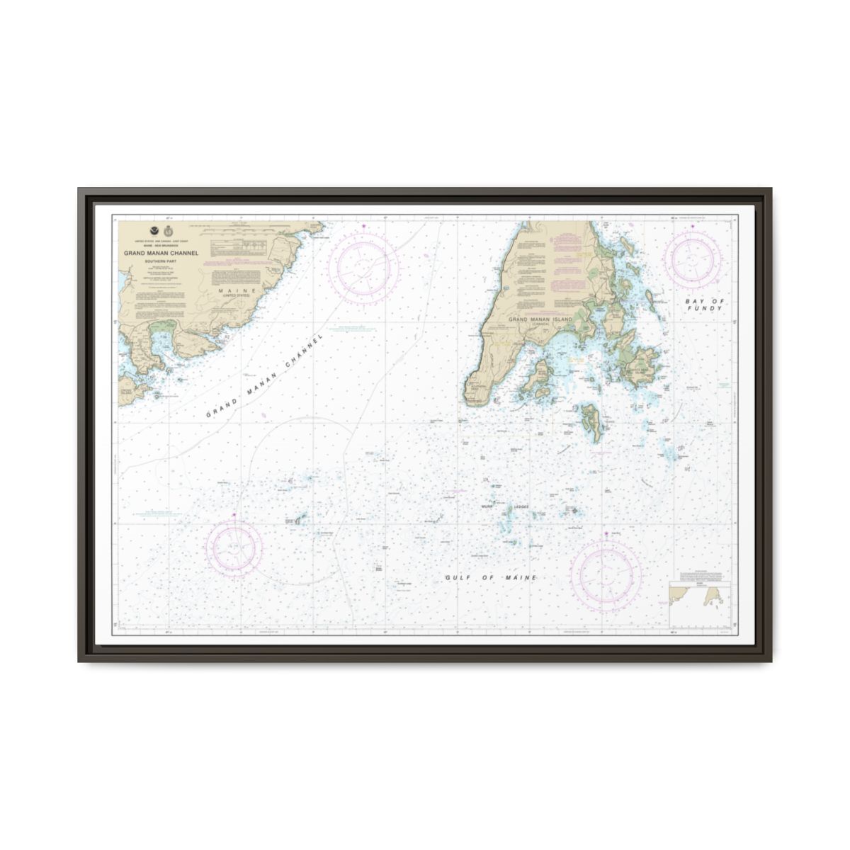 Chart 13392 Grand Manan Channel Southern Part - NOAA Nautical Chart Floating Frame Canvas | 30" x 20" | 36" x 24" | 48" x 32" - Espresso front