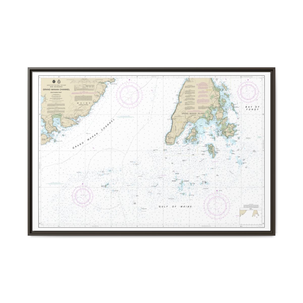 Chart 13392 Grand Manan Channel Southern Part - NOAA Nautical Chart Floating Frame Canvas | 30" x 20" | 36" x 24" | 48" x 32" - Espresso front