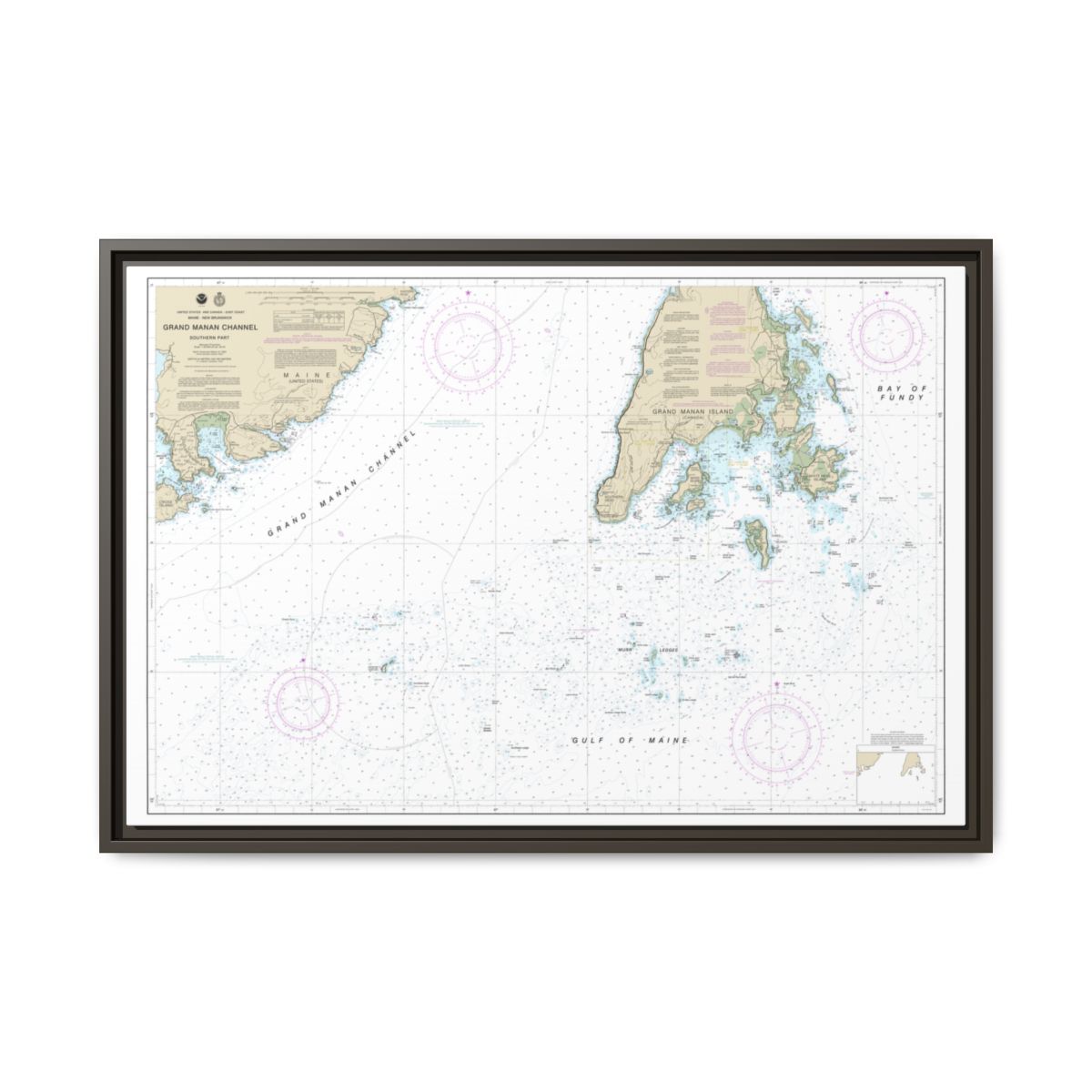 Chart 13392 Grand Manan Channel Southern Part - NOAA Nautical Chart Floating Frame Canvas | 30" x 20" | 36" x 24" | 48" x 32" - Espresso front
