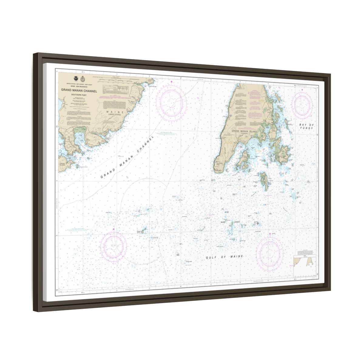 Chart 13392 Grand Manan Channel Southern Part - NOAA Nautical Chart Floating Frame Canvas | 30" x 20" | 36" x 24" | 48" x 32" - Espresso side