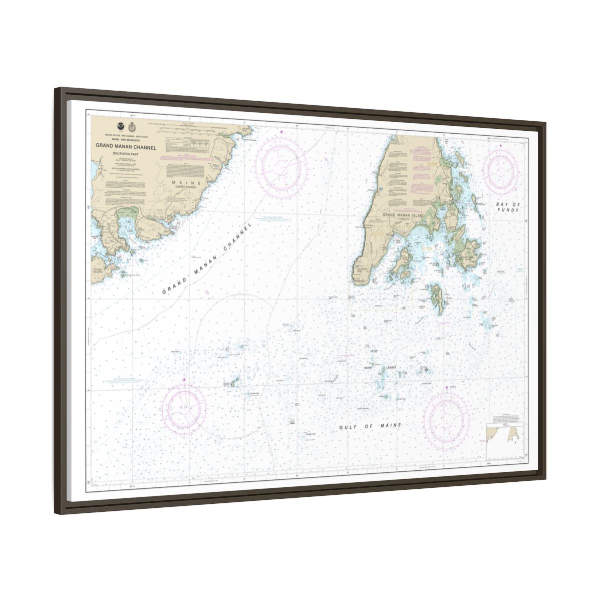 Chart 13392 Grand Manan Channel Southern Part - NOAA Nautical Chart Floating Frame Canvas | 30" x 20" | 36" x 24" | 48" x 32" - Espresso side