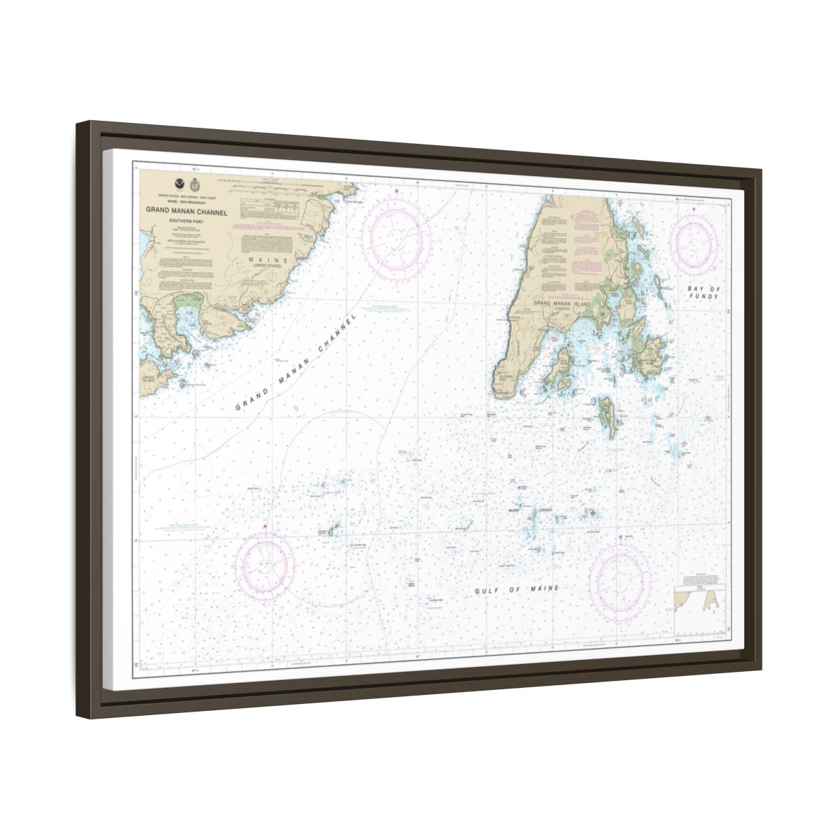 Chart 13392 Grand Manan Channel Southern Part - NOAA Nautical Chart Floating Frame Canvas | 30" x 20" | 36" x 24" | 48" x 32" - Espresso side